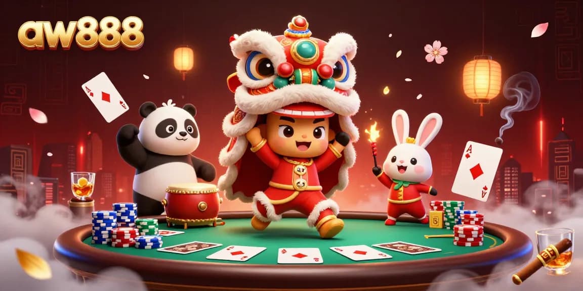 Experience the excitement at aw888 with vibrant lion dance and poker elements in a lively online casino setting.
