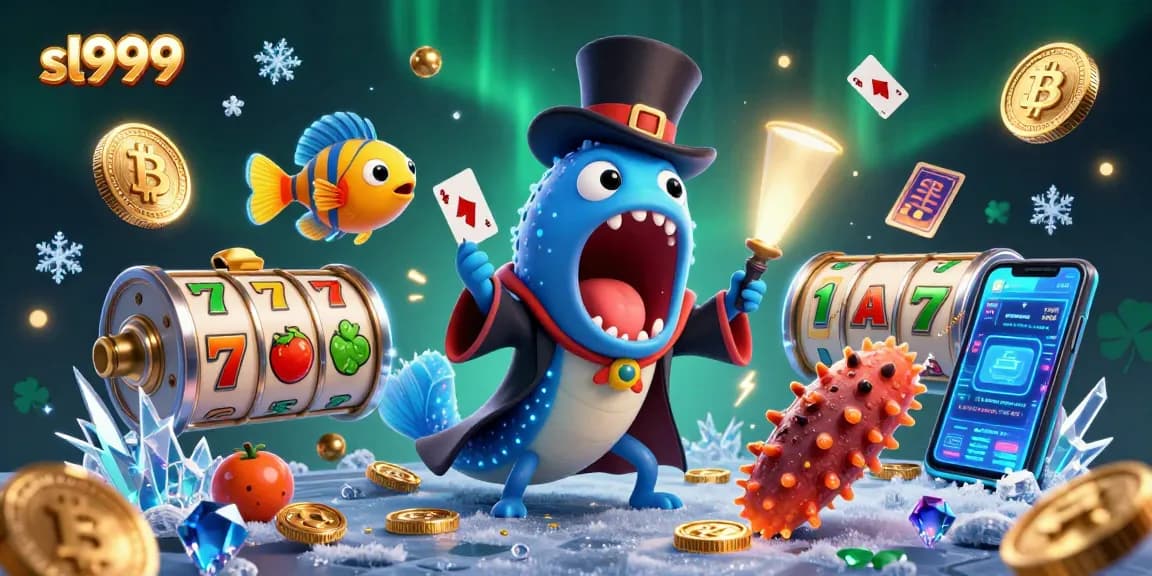 O sl999 ilustra um cassino vibrante com criaturas marinhas fazendo truques de mágica e símbolos de caça-níqueis.