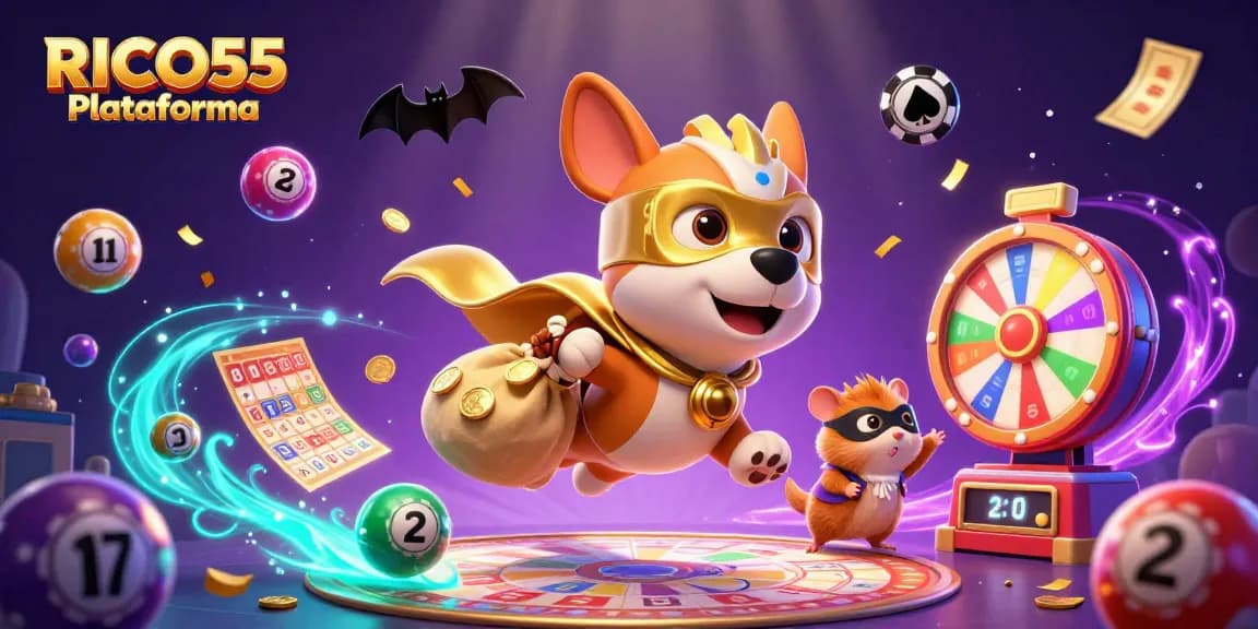 Engaging illustration of RICO55 Plataforma showcasing fun gaming elements with a superhero theme.