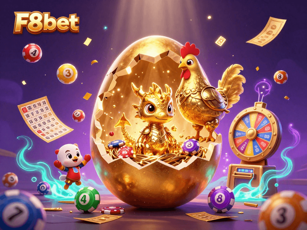 Experience the thrill of F8bet with a golden dragon among casino riches, bringing luck!