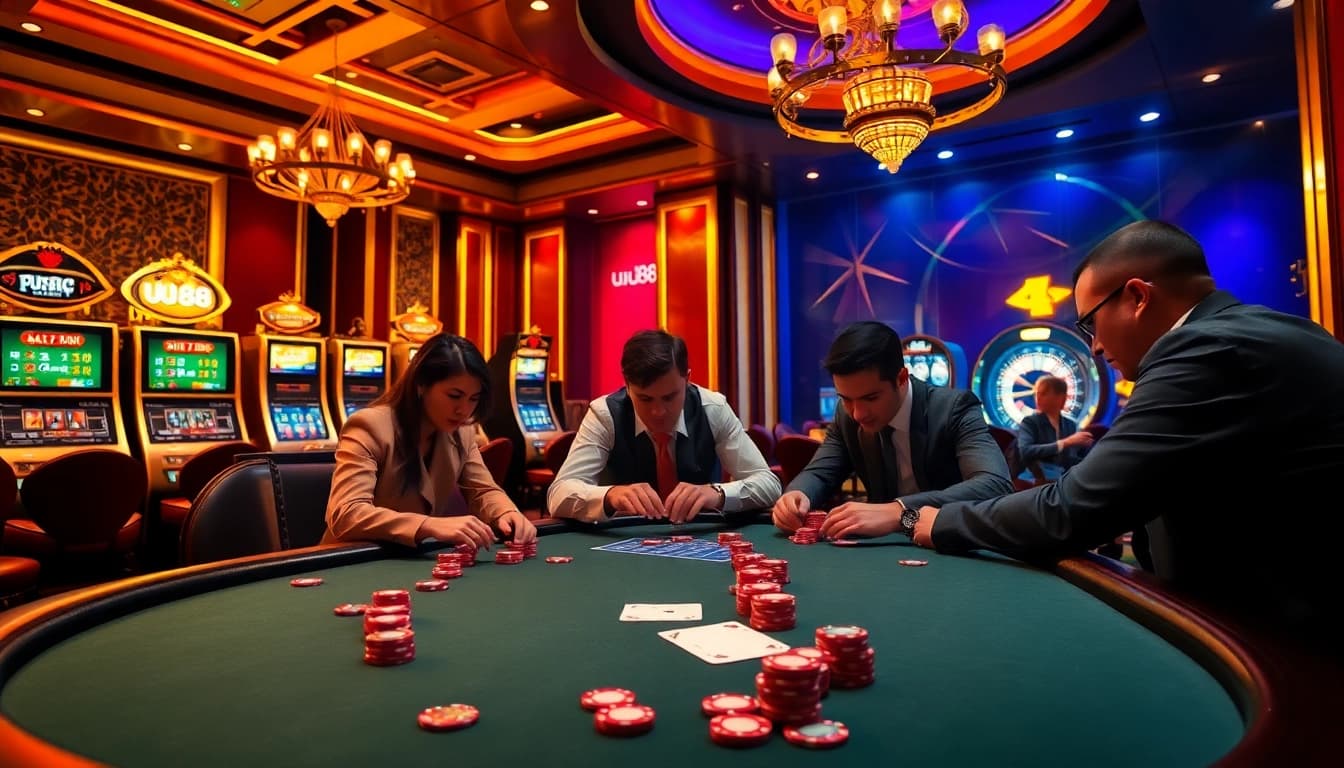 Experience high-stakes poker at uu88, where players engage passionately at a luxurious table.