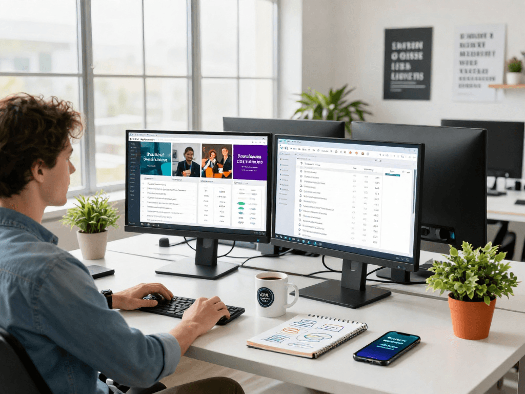 espaco de trabalho digital de marketing multicanais com telas e anotações