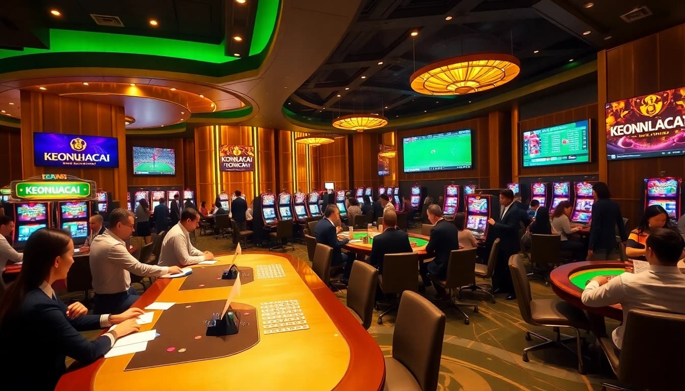 KEONHACAI sports betting scene with dynamic gaming tables and enthusiastic players placing bets.