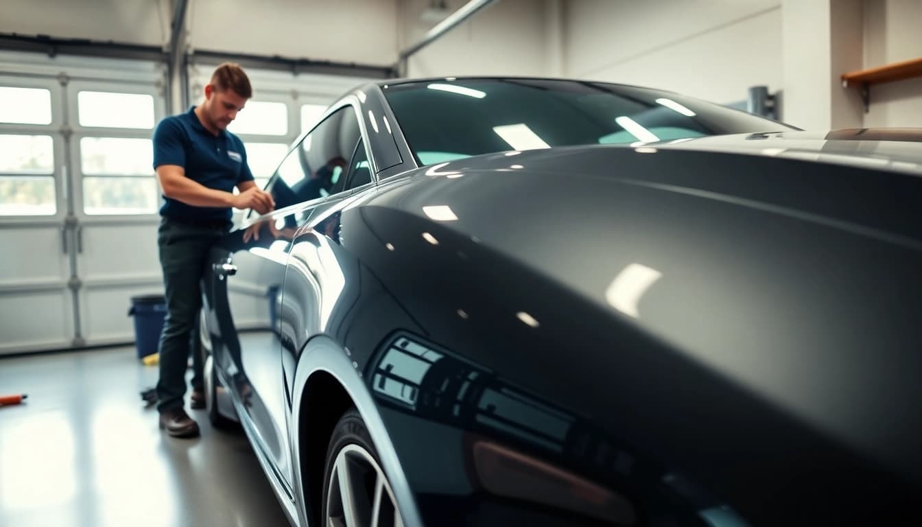 Applying paint protection film near me on a luxury car in a bright garage setting.