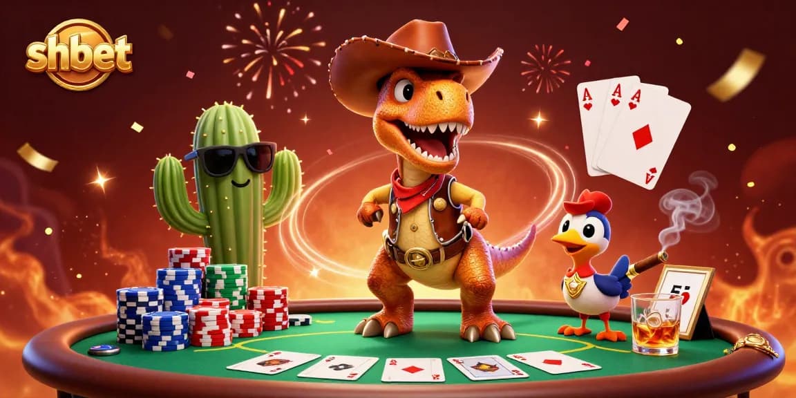 Join the shbet adventure with a cowboy dinosaur at an extravagant poker table!