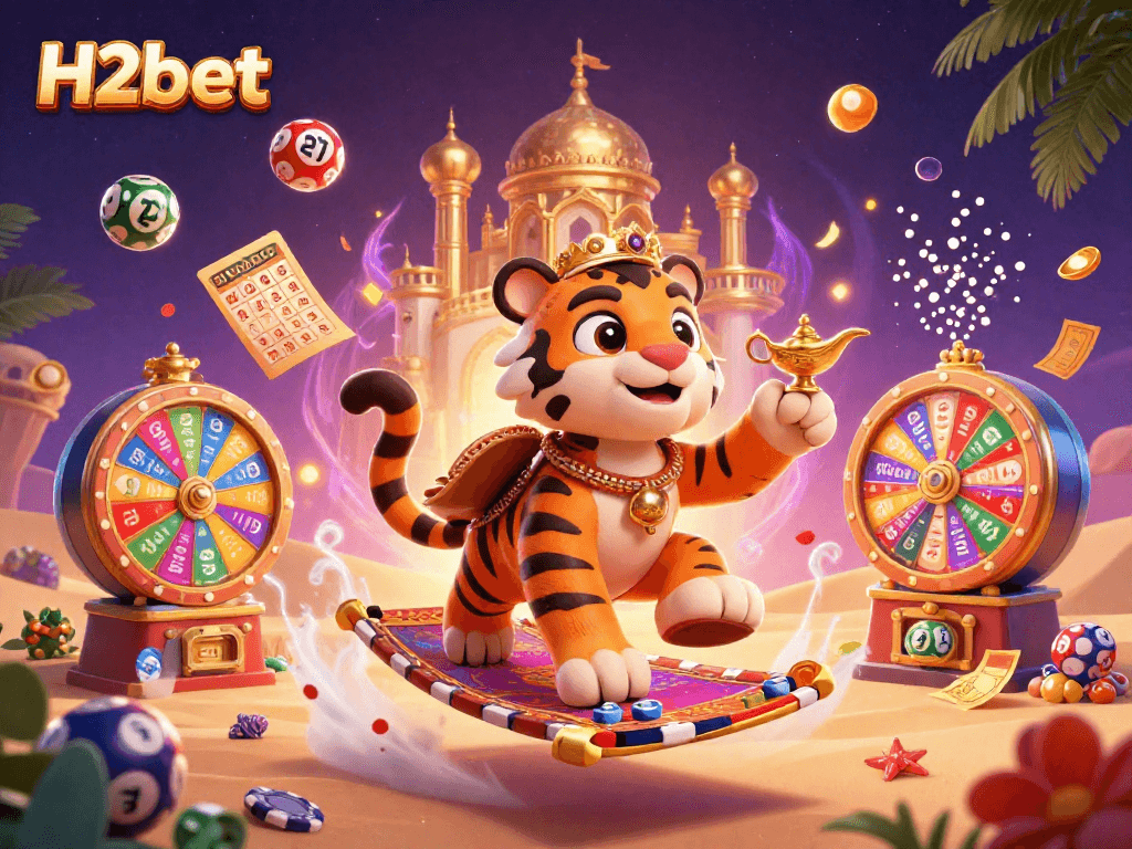 Engage with H2bet, featuring a vibrant scene of a tiger sultan amidst exhilarating gaming elements.