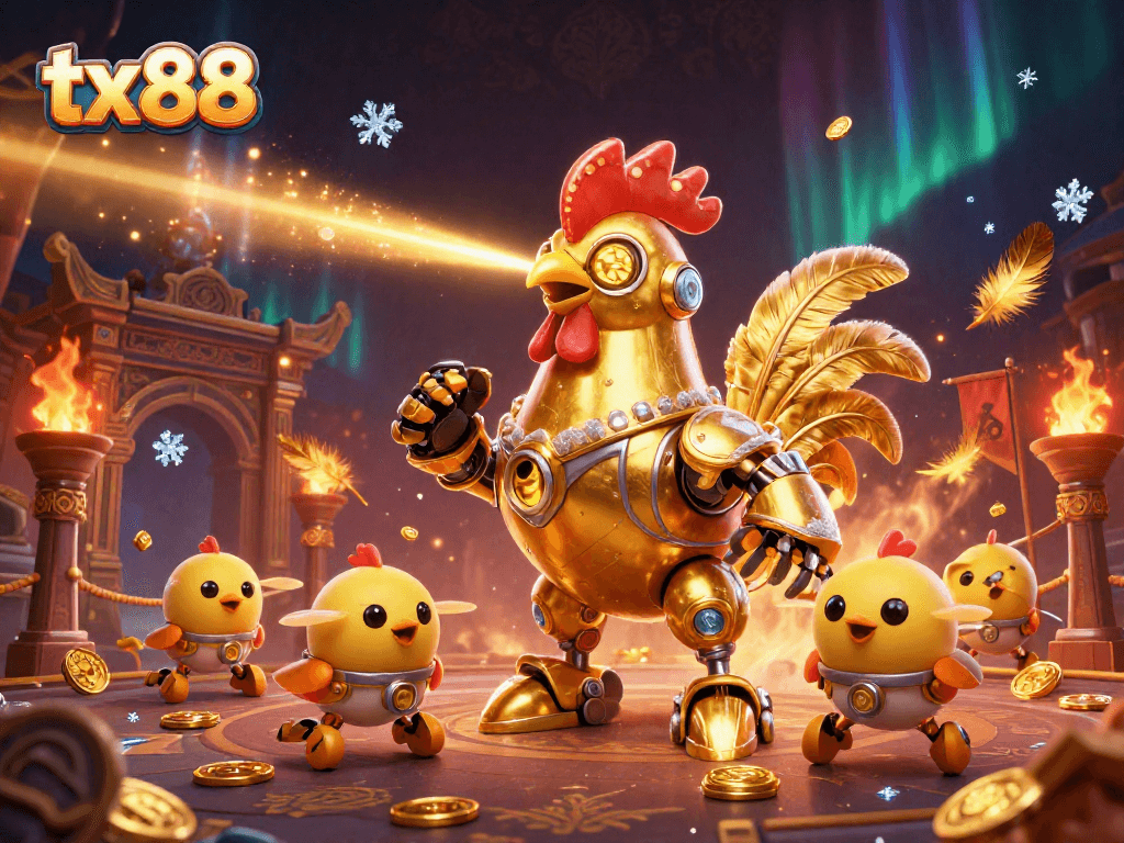 Engage in thrilling action at tx88 with a golden rooster robot and baby chick drones amidst a vibrant casino scene.