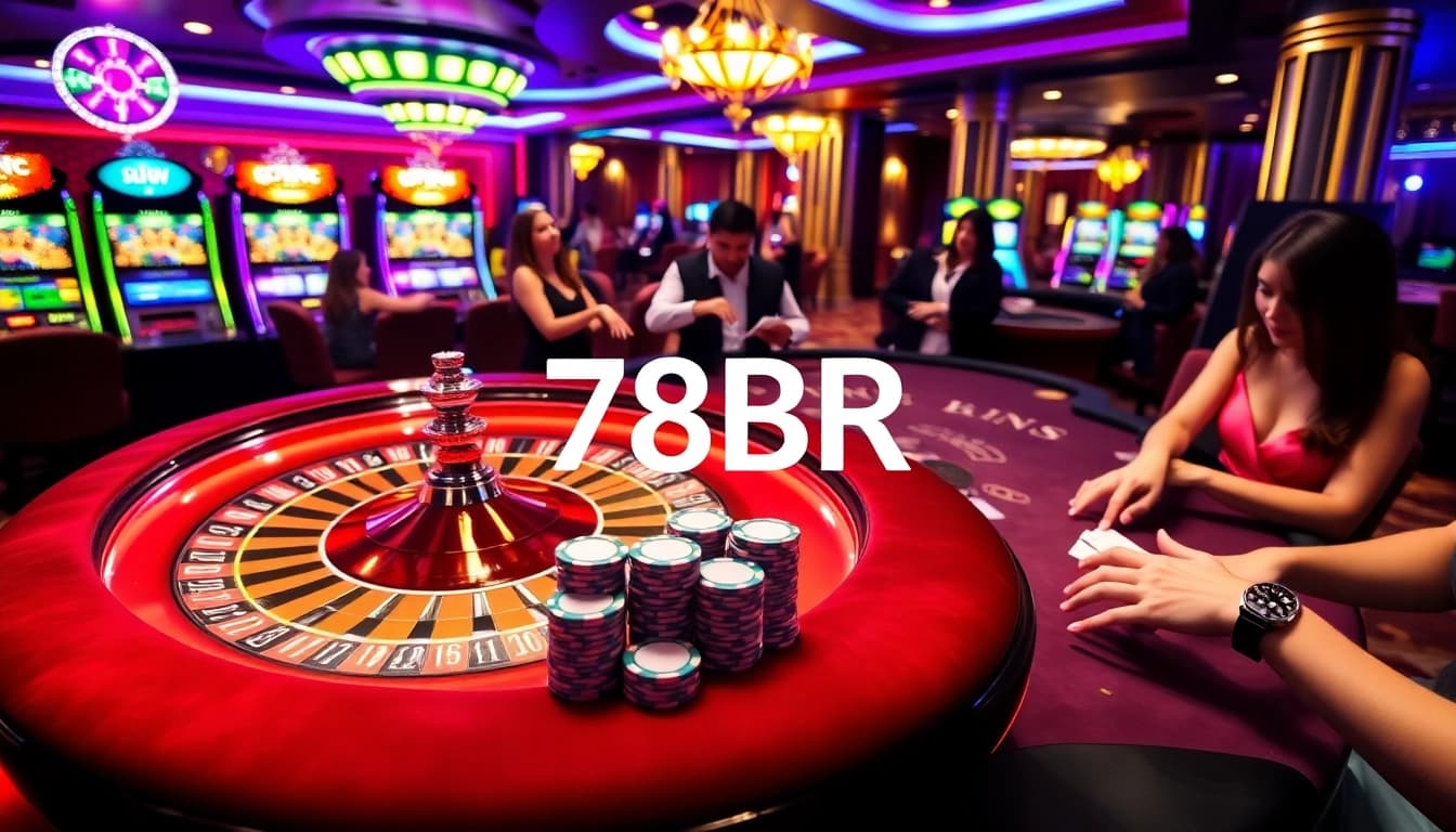 Cena empolgante no cassino 78BR, com mesa de roleta vibrante e fichas de poker.