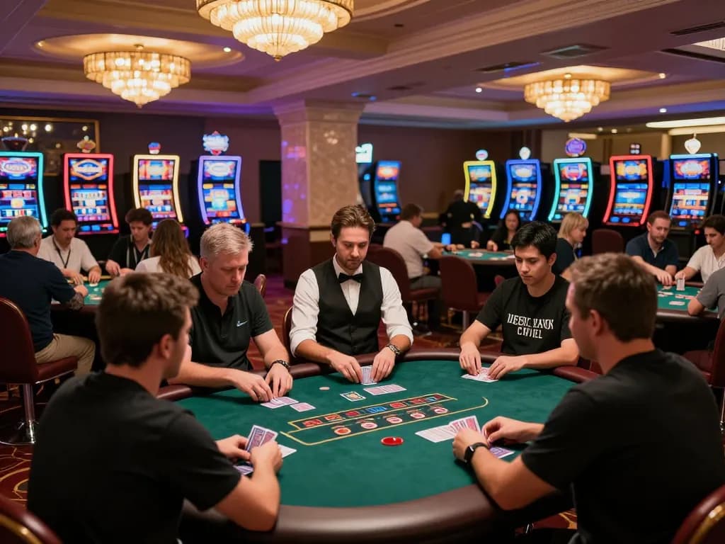 Players enjoy exciting poker gameplay in a lively casino atmosphere at lc888, capturing the thrill of gambling.