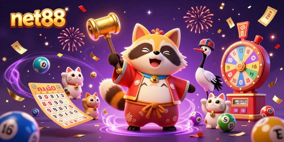 Engage in the excitement of net88 with a fun illustration of a tanuki and crane amidst lottery elements.