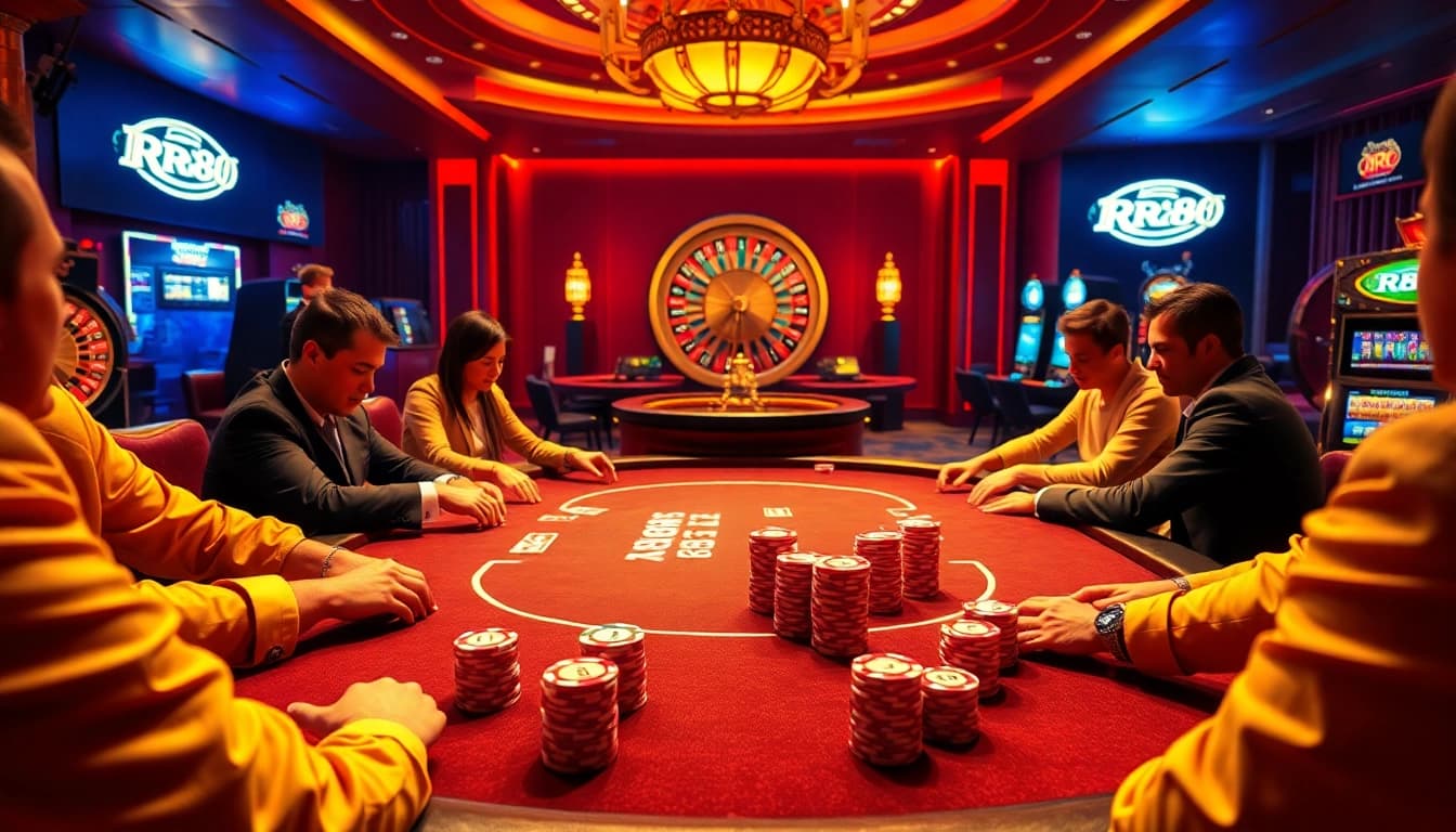 The thrilling poker action at https://rr88.select/ showcases high-stakes gameplay with vibrant chips and iconic casino elements.