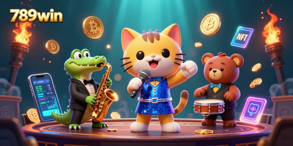 Engage in thrilling gaming adventures at 789win with vibrant 3D casino characters and crypto elements.