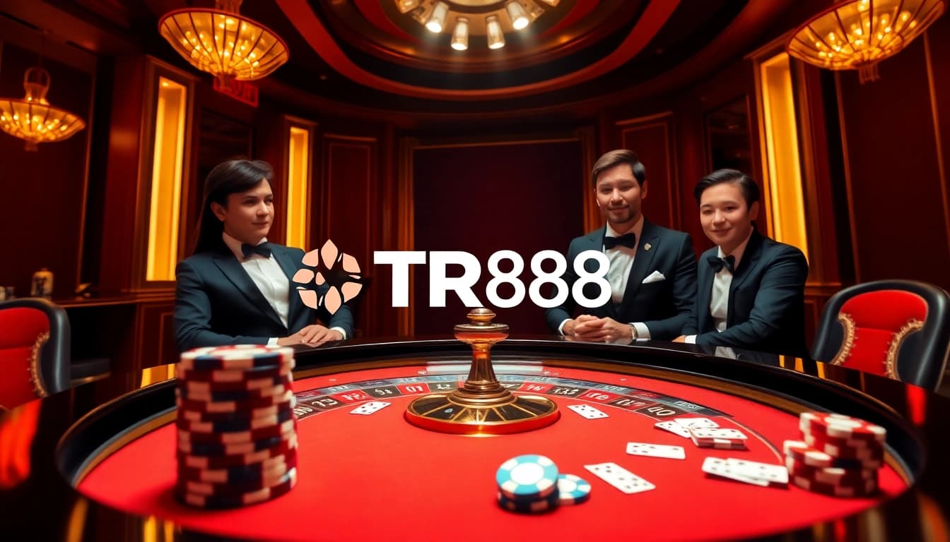 Players enjoying high-stakes action at TR88's luxurious casino table with cards and chips.