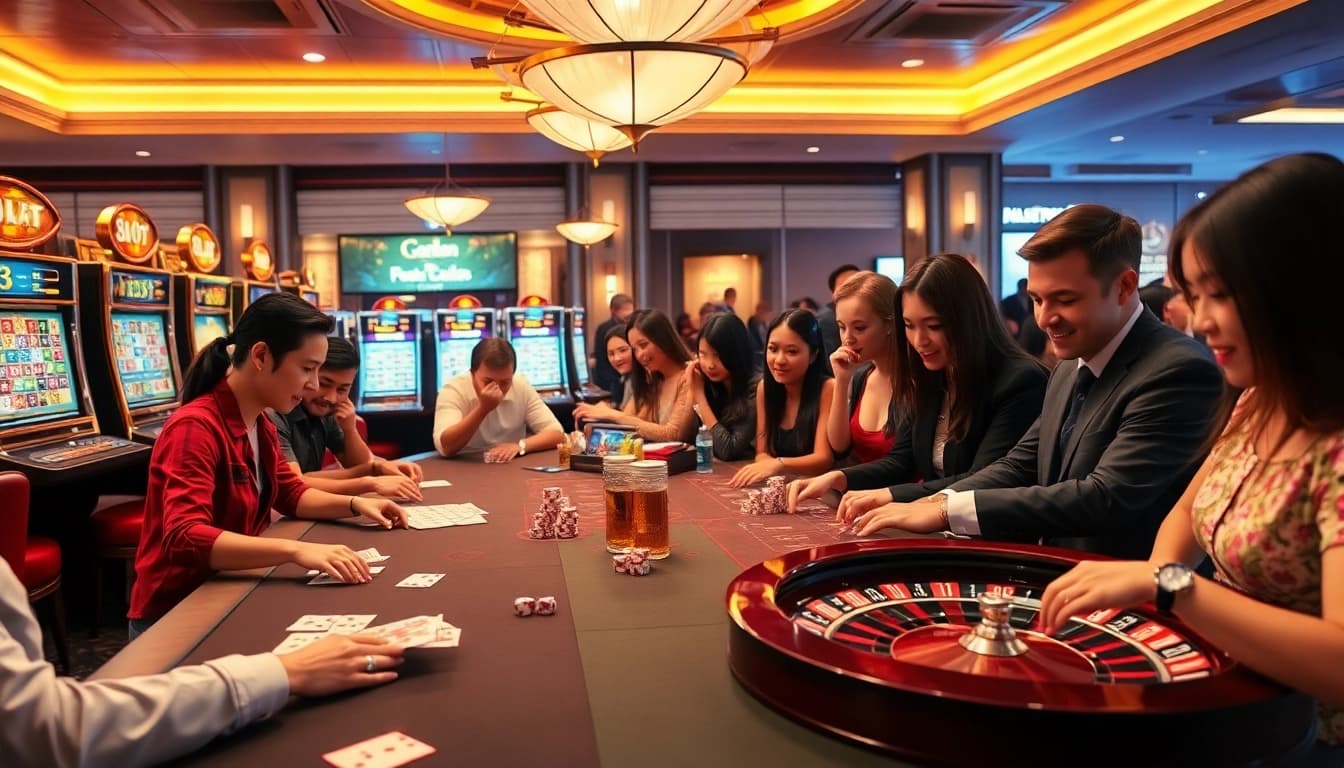 High-stakes gaming scene featuring poker and roulette at 688v casino, filled with excited players.