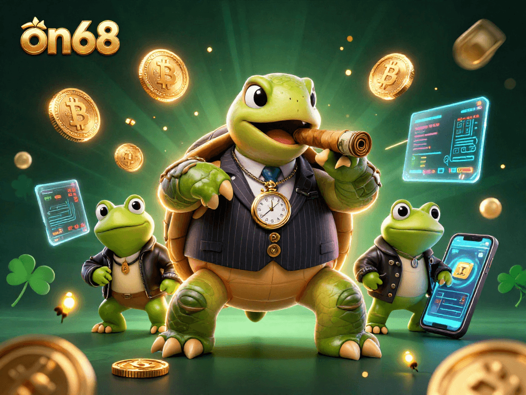 Engage with on68's vibrant casino scene featuring a snapping turtle and bullfrog enforcers amidst crypto coins.