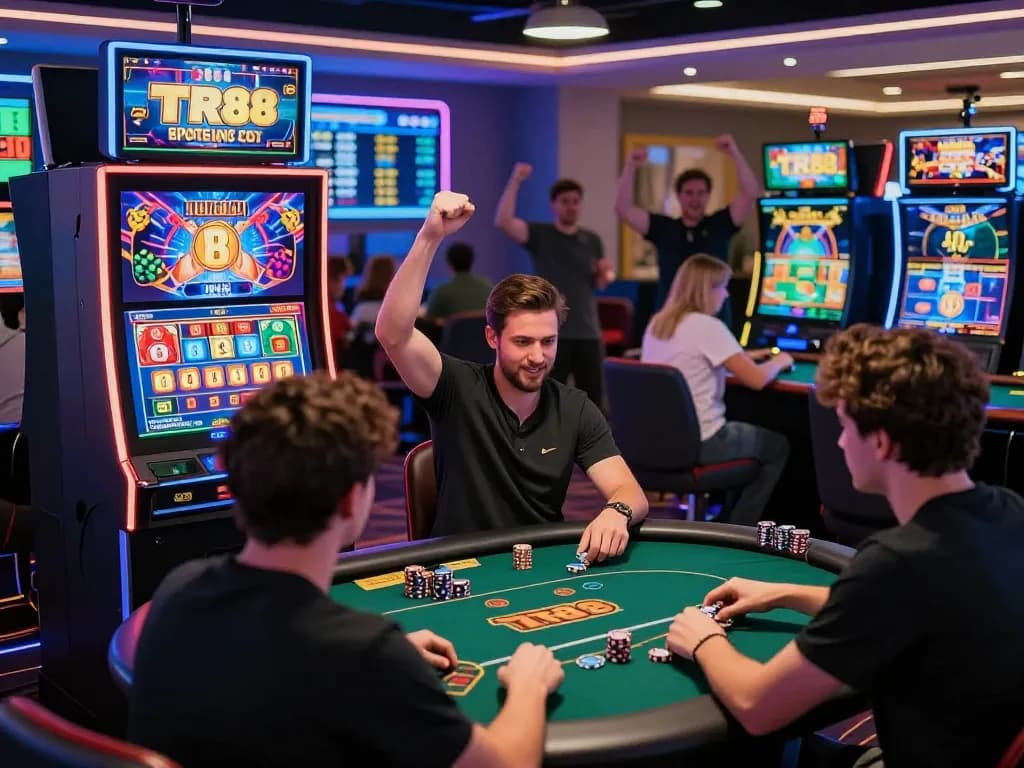 Exciting gaming atmosphere at TR88 nhà cái with players celebrating wins, showcasing a vibrant digital casino environment.