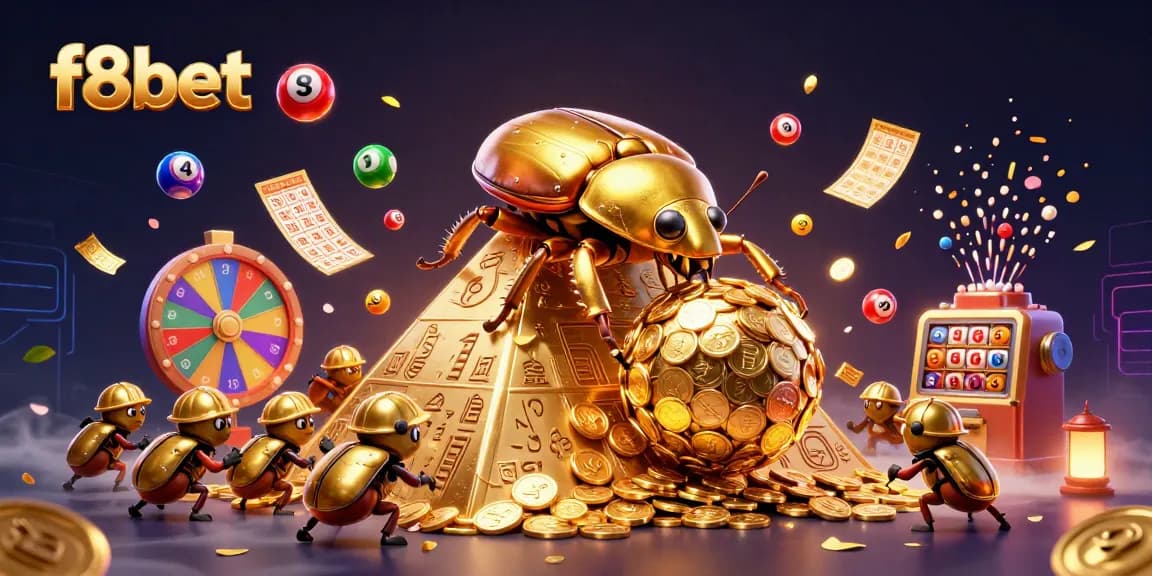 Spin to win with f8bet as golden beetles roll coins up a casino pyramid amid vibrant gaming elements.