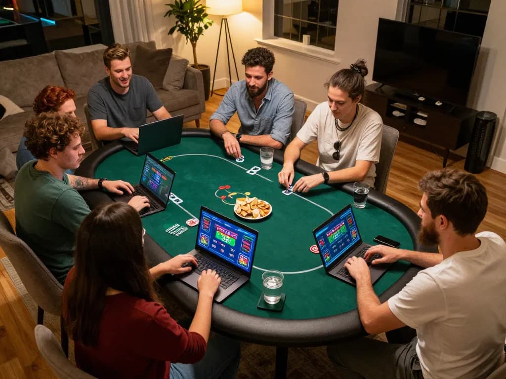 A group of friends enjoy playing poker online at home, showcasing an engaging moment on their devices with 27G platform features.