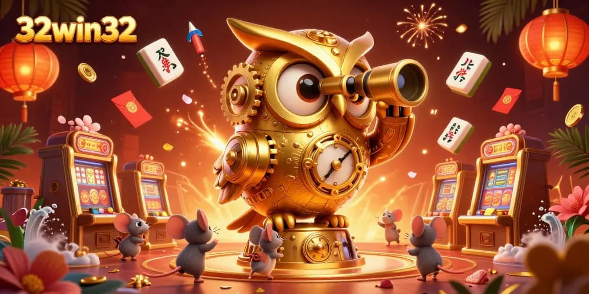 Experience the excitement at 32win32 casino with a vibrant 3D illustration of playful owls and slot machines.