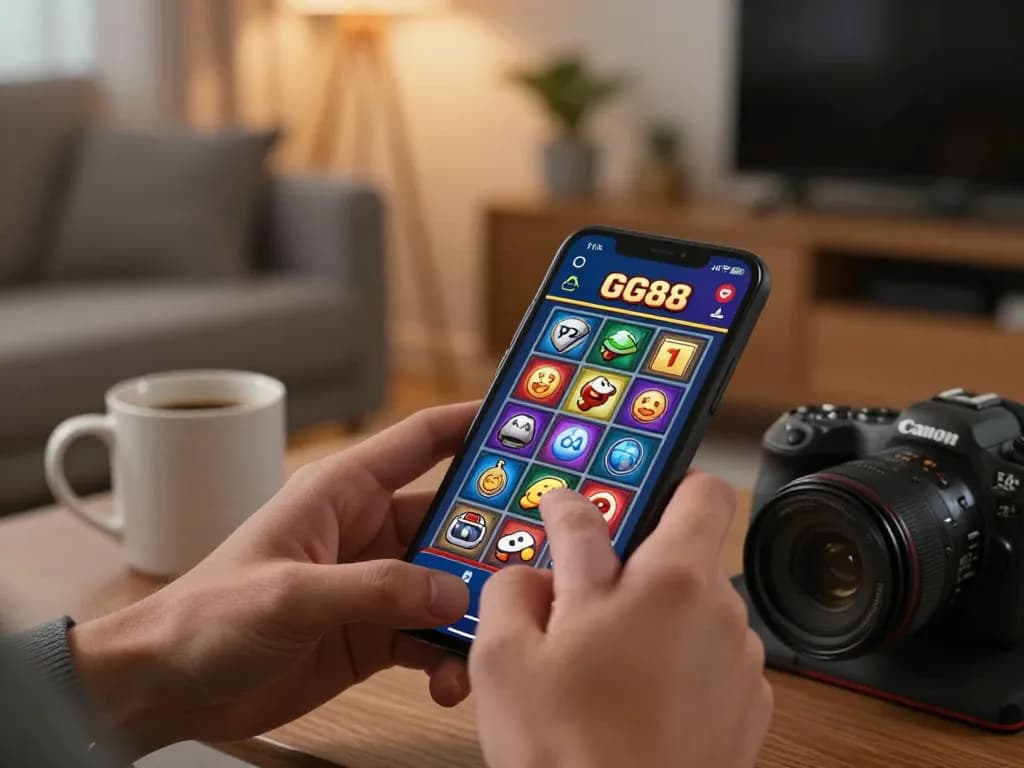 Engaging with GG88 SLOT on a mobile app in a cozy home setting with warm lighting