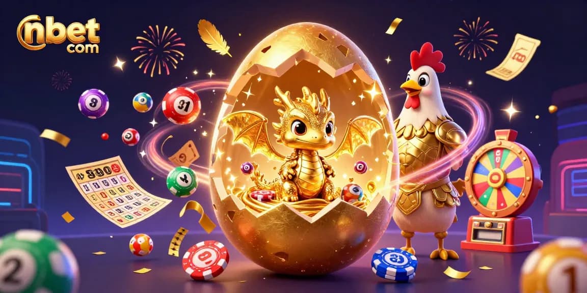 Engage with nbet com's lively gaming atmosphere featuring a golden baby dragon and dynamic lottery elements.