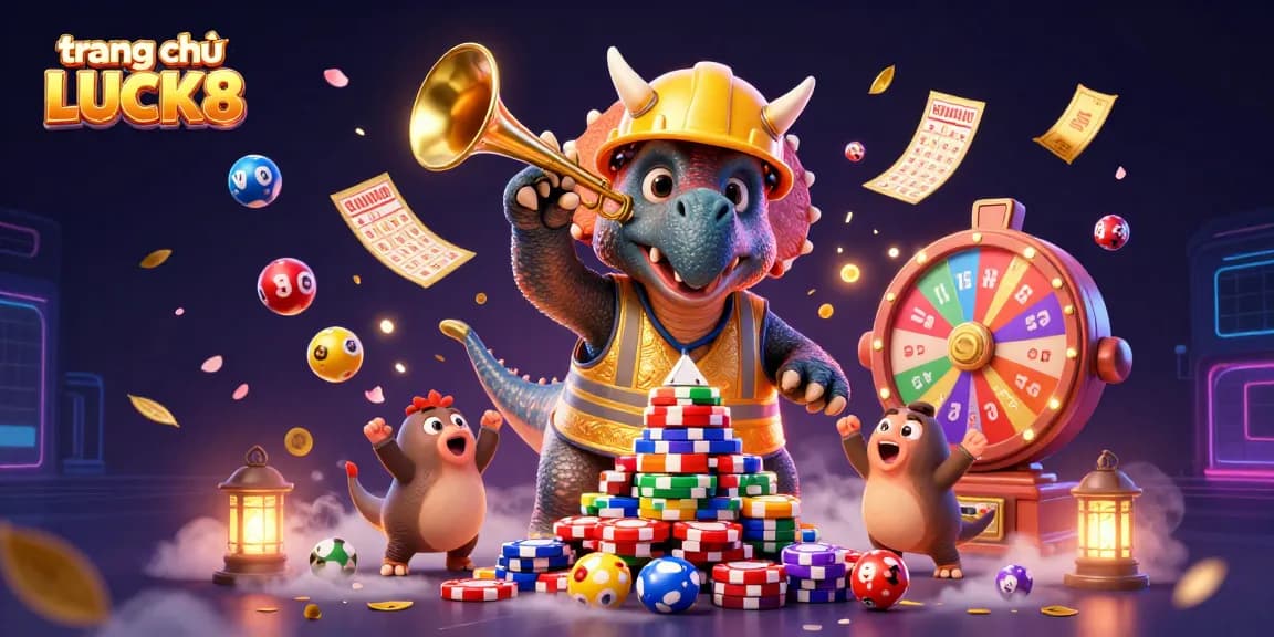 Experience the vibrant action of trang chủ LUCK8 with cheerful characters celebrating in a dynamic casino setting.