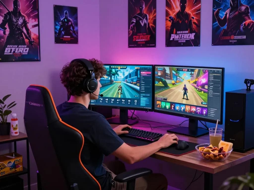 Gamer enjoying HH55 online games in an energetic home environment with vibrant lighting.
