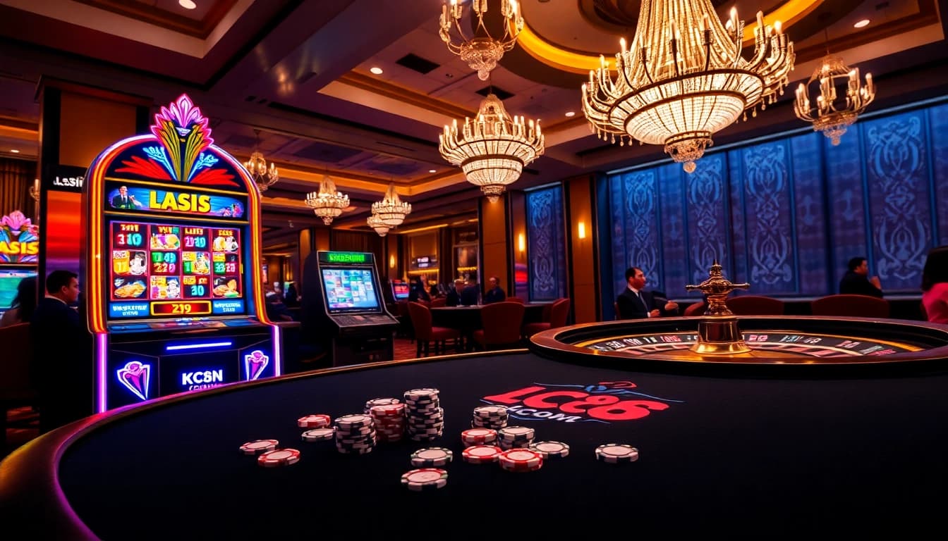 Experience the thrill of gaming at lc88 com with a vibrant casino scene showcasing exciting slot machines and poker chips.