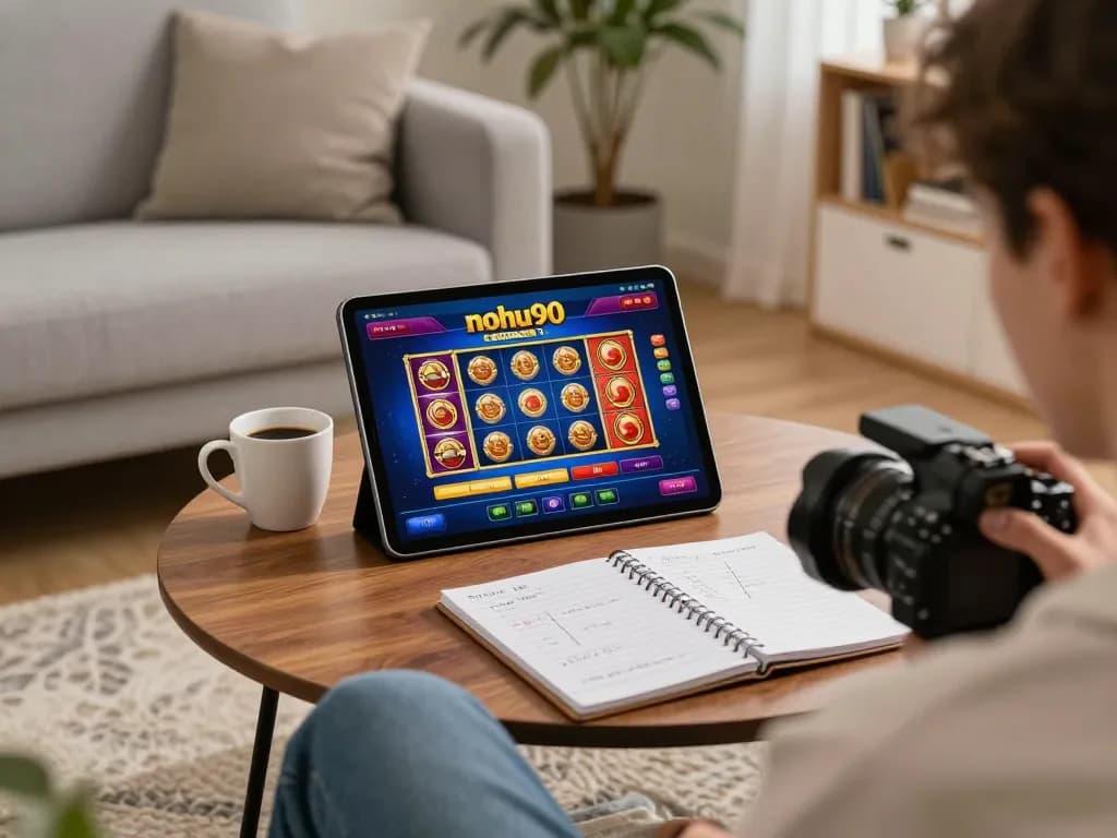 Nohu90 player engaging on tablet for online gaming in a cozy home setting