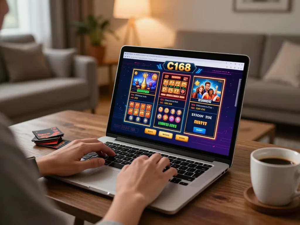 Player engaged in online gaming at C168 casino on laptop, showcasing a strategic betting moment