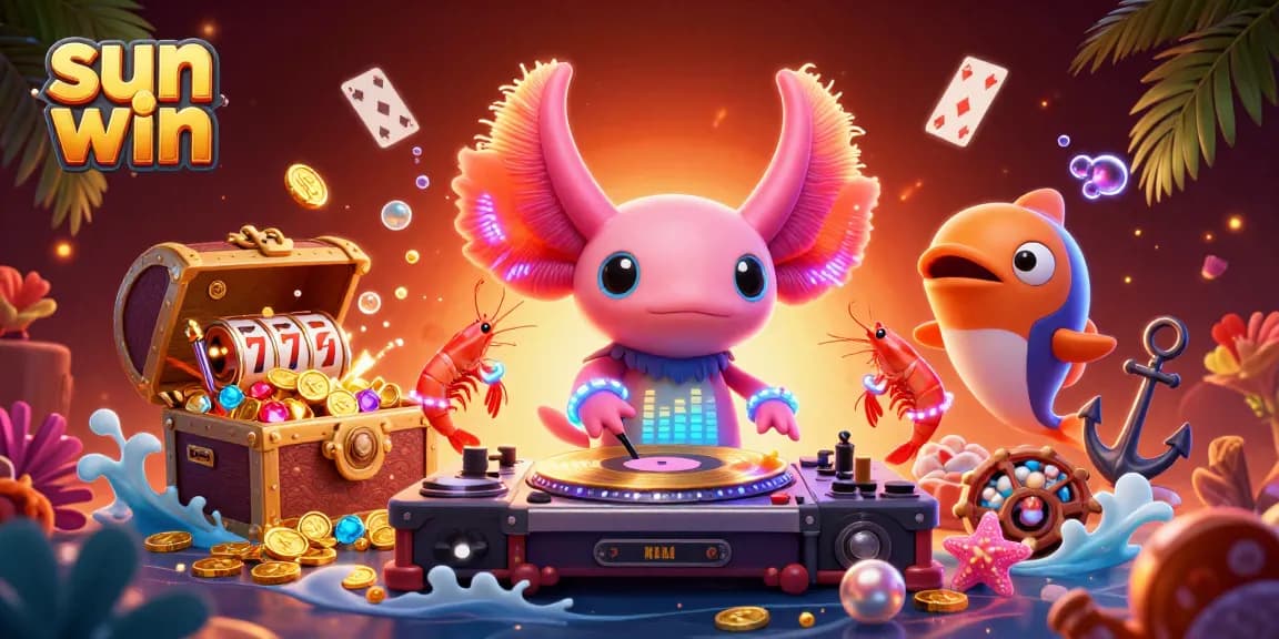 Play at sun win with 3D characters capturing the excitement of winning in a vibrant casino-themed scene.