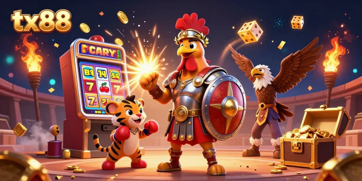 tx88 casino adventure with a gladiator rooster, lively slot machine, and treasure chest