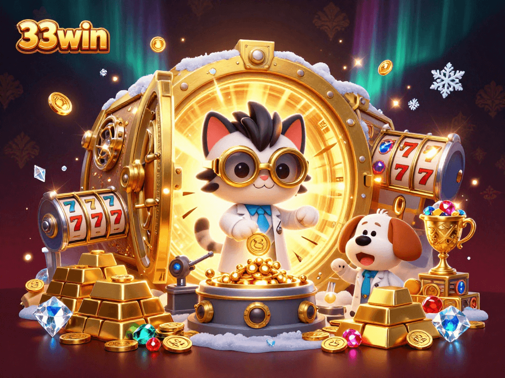 Engage with thrilling casino action at 33win with vibrant 3D illustration of gold-making chaos.