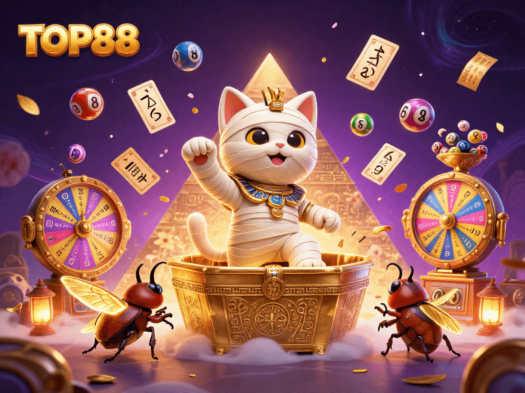 TOP88 features a vibrant scene with a mummy cat and a scarab beetle in a pyramid casino.