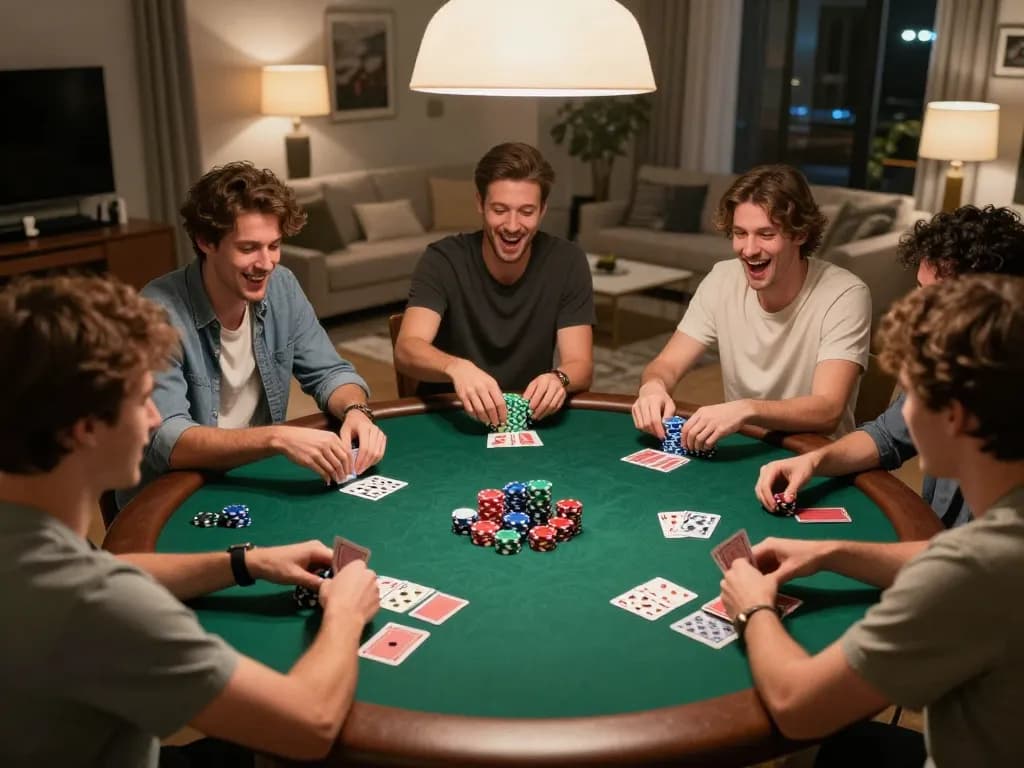 33CC players engaging in an exciting poker night, vibrant chips and cards creating a competitive atmosphere.