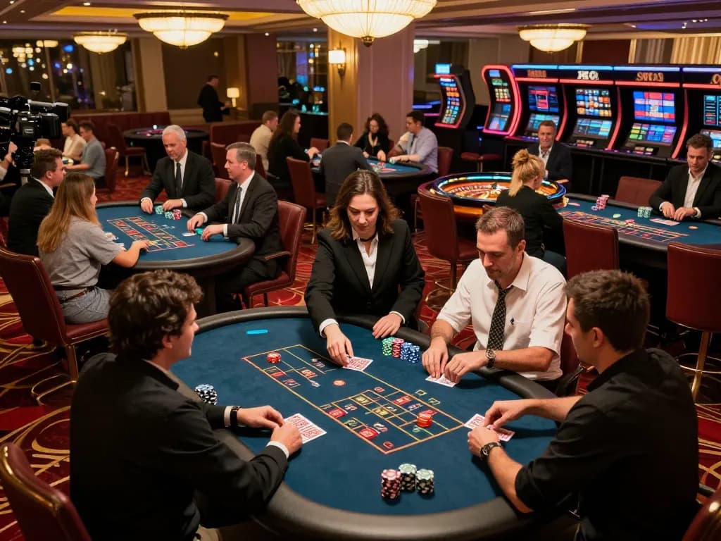 Experimente uma jogabilidade emocionante no 668bet com jogadores desfrutando de pôquer e roleta em um animado salão de cassino