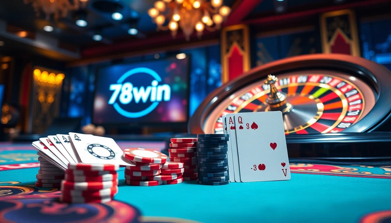 Engage in thrilling gameplay with 78win’s luxury casino atmosphere featuring poker chips and cards.