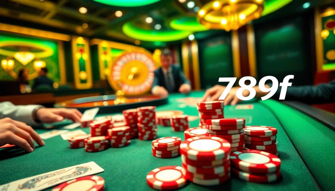 Engaged players at a 789f casino poker table with vibrant chips and cards.