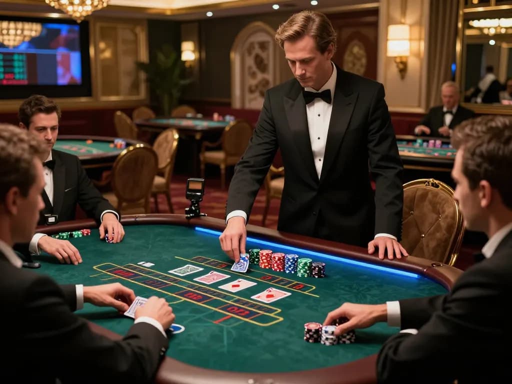 king33 engaging players at a live baccarat table with a professional dealer in a luxury casino setting