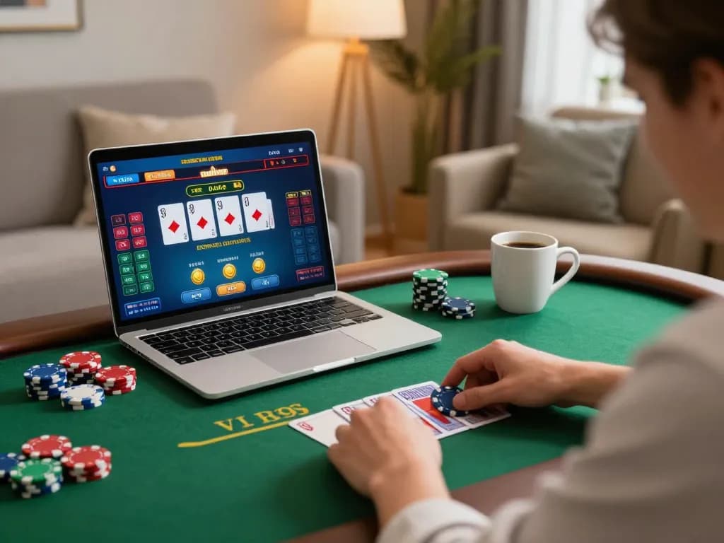 TG88 player strategizing in an online poker game from home, showcasing dynamic gameplay.