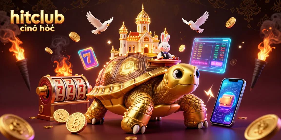 Engage in gaming excitement with hitclub chính thức showcasing a turtle casino, rabbit dealer, and glowing cryptocurrency elements.