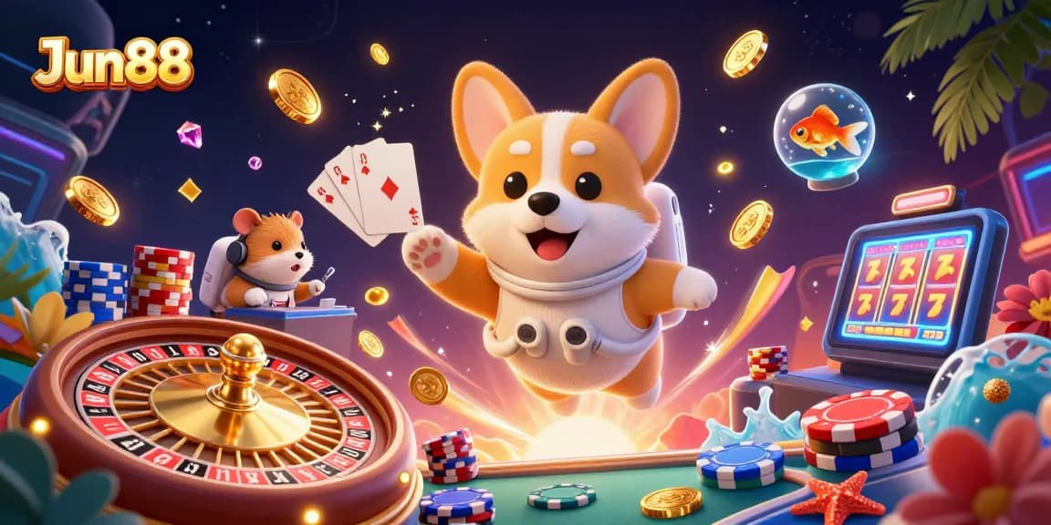 Engage in exciting gaming at Jun88 with a vibrant casino atmosphere featuring cartoon characters.