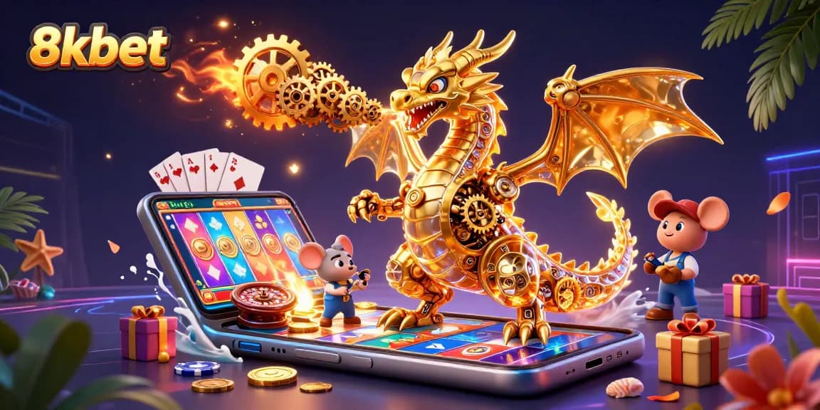 Experience thrilling gaming with 8xbet's vibrant golden dragon and animated casino elements.