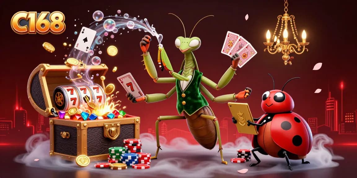 C168 offers a vibrant casino experience featuring a giant praying mantis card sharp and captivating slot elements.