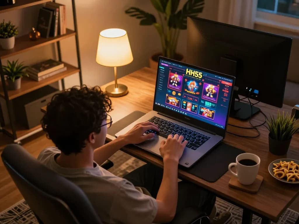 Cena envolvente de jogos online com a interface do cassino HH55 em um laptop, criando uma experiência de jogo aconchegante.