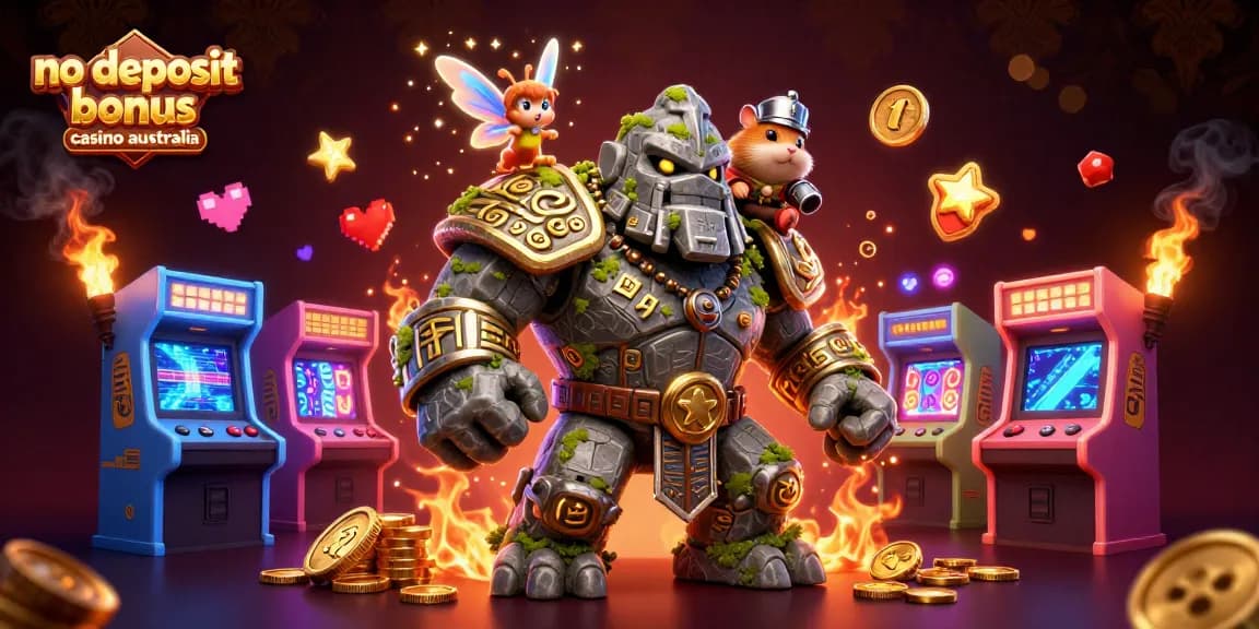 Experience the excitement at a no deposit bonus casino Australia with vibrant characters and game-themed visuals.
