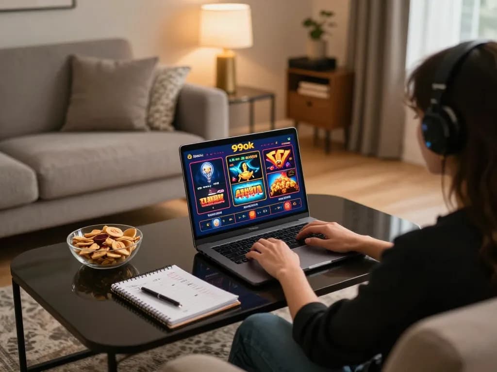 Engaged user exploring games on 99ok online casino on a laptop in a cozy home setting.