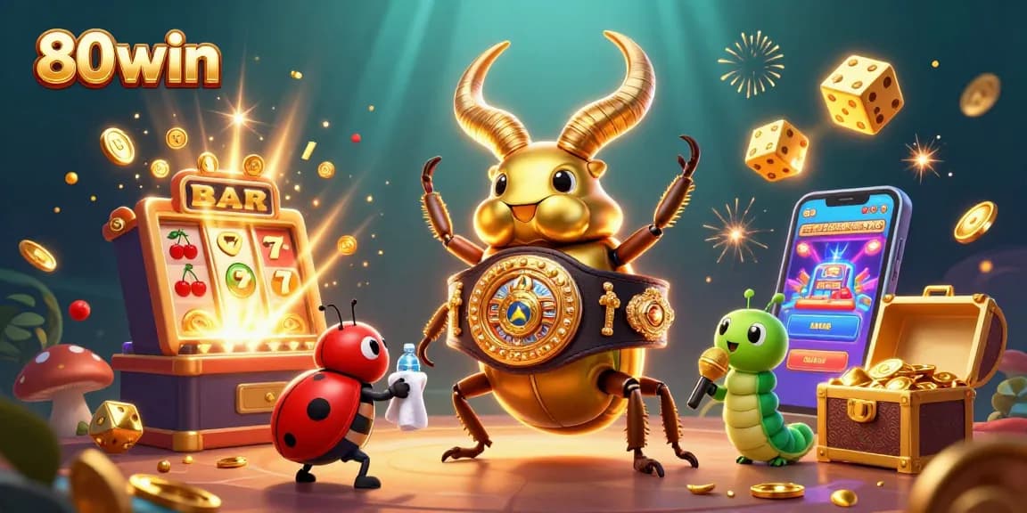 Win big with 80win as the golden stag beetle boxes up excitement in a vibrant casino scene.