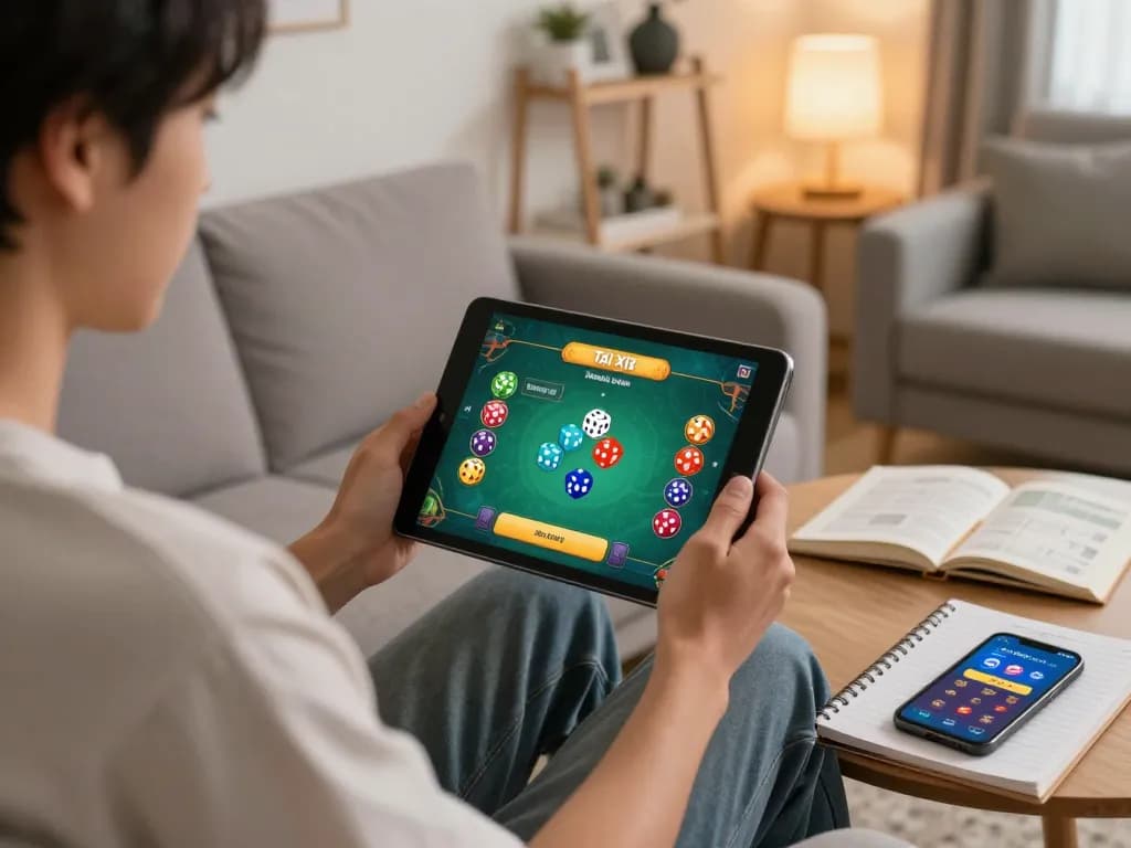 Mobile gaming with app tài xỉu online displayed on a tablet, player engaged in gameplay at home