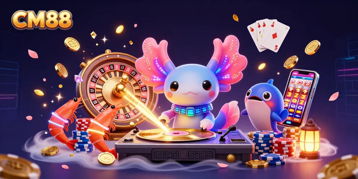 Experience gaming excitement at CM88 with vibrant characters in a luminous casino scene.